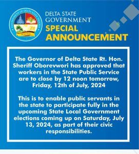 Oborevwori Declares July 12 Half Day Work 