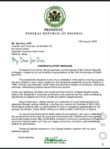 Zenith Bank @ 35: President Tinubu Congratulates Jim Ovia On Vision, Resilience, Leadership And Sustainable  Success