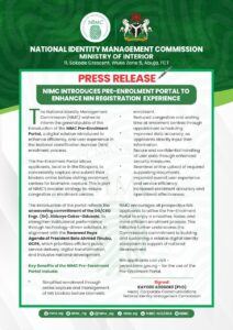 NIMC Introduces Pre-Enrolment Portal to Enhance NIN Registration Experience