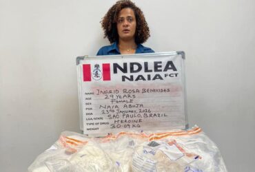 Brazilian Lady, Ingrid Rosa Benevides Arrested At Abuja Airport By NDLEA Operatives With 30.09 Kilogrammes Of White Heroin Worth Over N3 Billion