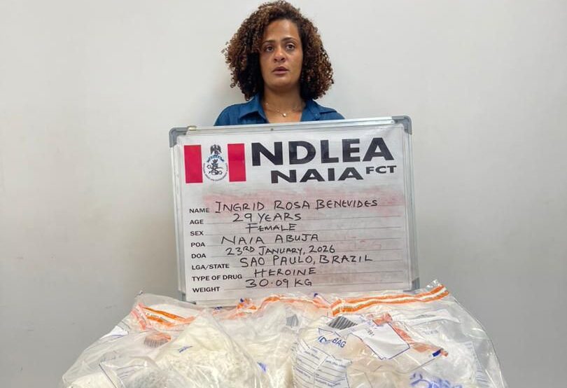 Brazilian Lady, Ingrid Rosa Benevides Arrested At Abuja Airport By NDLEA Operatives With 30.09 Kilogrammes Of White Heroin Worth Over N3 Billion