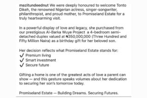 Days After Spectacular 10th Birthday, ‘Jesus Baby,’ Tonto Dike, Buys ₦350Million Property For Son, Andre