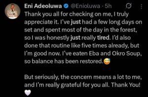 Enioluwa Adeoluwa Recovers After Dramatic On-Set Collapse