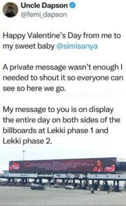 Femi Dapson Declares Valentine’s Love For Fiancée Simisanya On Lagos Billboards 