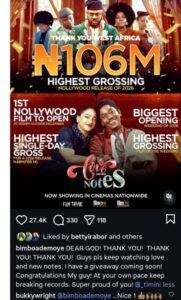 Bimbo Ademoye Bursts With Pride Over Timini’s Cinema Smash