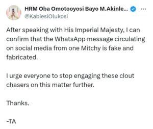 Oba Akinyele Speaks On  Ooni Of Ife’s  WhatsApp Chat With King Mitchy Amid VDM Feud