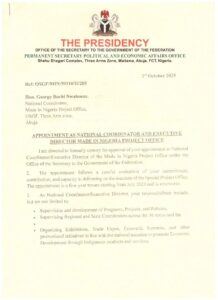 Nwabueze Buchi George SGF appointment letter Made in Nigeria Project Office