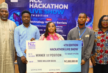 L-R: Engr. Babagana Digima, Director, Research and Development, Nigerian Communications Commission, (NCC); Isah Ladan, Team Engineer, Sora; Ms Helen Obi, Director Digital Economy, NCC; Abdulhaqq Somoye, Chief Executive Officer, Sora; Dr. Beluchi Nwanisobi, Head, Indigenous Content, NCC, during the presentation of Cheques to the winner of the 4th Edition of Hackathon Live Show, at the NCC Annex Office Mbora Abuja On the 27th August 2026