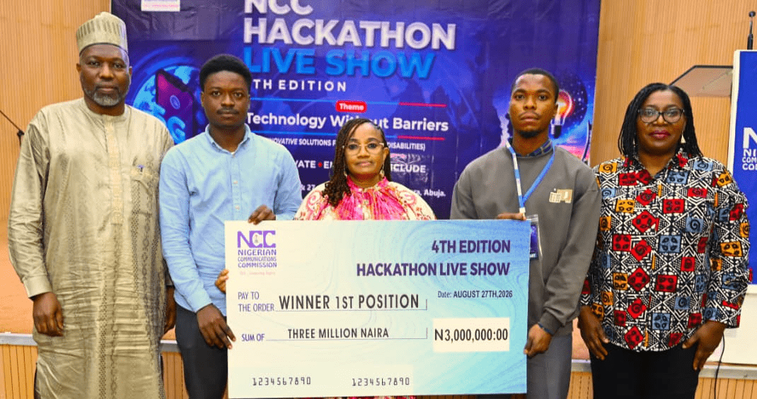 L-R: Engr. Babagana Digima, Director, Research and Development, Nigerian Communications Commission, (NCC); Isah Ladan, Team Engineer, Sora; Ms Helen Obi, Director Digital Economy, NCC; Abdulhaqq Somoye, Chief Executive Officer, Sora; Dr. Beluchi Nwanisobi, Head, Indigenous Content, NCC, during the presentation of Cheques to the winner of the 4th Edition of Hackathon Live Show, at the NCC Annex Office Mbora Abuja On the 27th August 2026