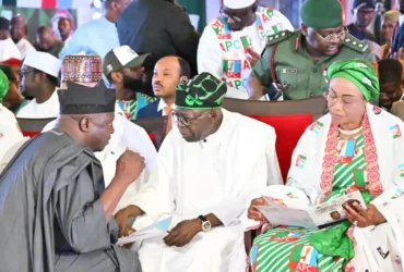 L-R: APC National Chairman, Professor Nentawe Yilwatda; President Bola Ahmed Tinubu, and First Lady of Nigeria Senator Oluremi Tinubu, at the Presidential Inauguration of the All Progressives Congress (APC), 2027 Presidential Campaign Council, help at the State House, Conference Centre, Abuja